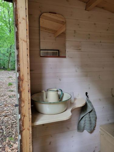 a sink in a log cabin with a mirror at Bjärnhultsgårdens stugor in Linderöd
