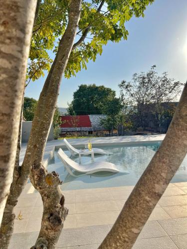 a swimming pool with a white chair and a table at Villa Hidden Heaven in Donje Vinovo