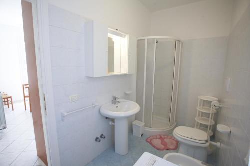 La salle de bains est pourvue d'un lavabo, de toilettes et d'une douche. dans l'établissement Bougainvillea Primo Piano - Goelba, à Zanca