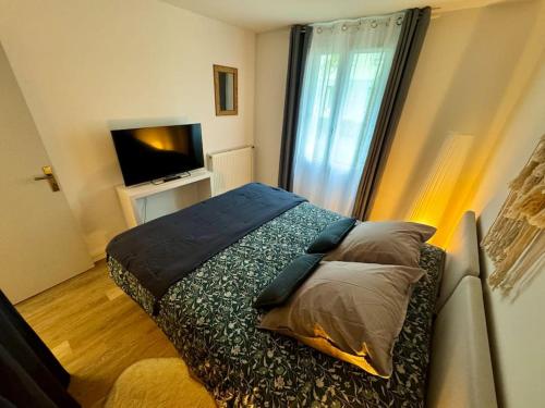 ein Schlafzimmer mit einem Bett mit Kissen und einem TV in der Unterkunft Appartement 4 personnes idéal Disney et Paris in Torcy
