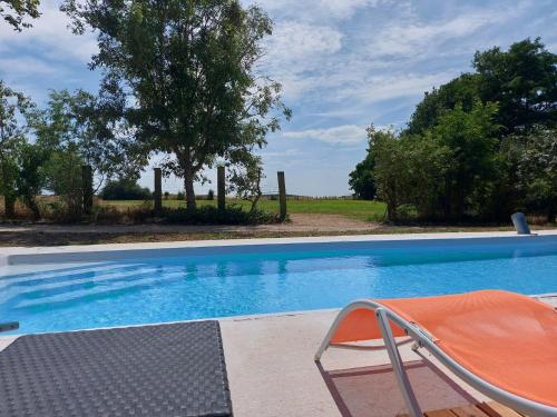 - une piscine avec une chaise et un arbre dans l'établissement Retraite Champêtre avec Jardin, Piscine et Proximité Château à Châteaudun - FR-1-581-134, à Châteaudun