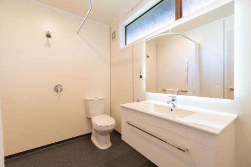 a bathroom with a sink and a toilet and a mirror at Te Anau Top 10 Holiday Park and Motels in Te Anau