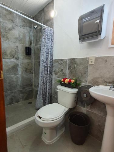 a bathroom with a toilet and a sink and a shower at Casa Morenita mía in San Cristóbal de Las Casas