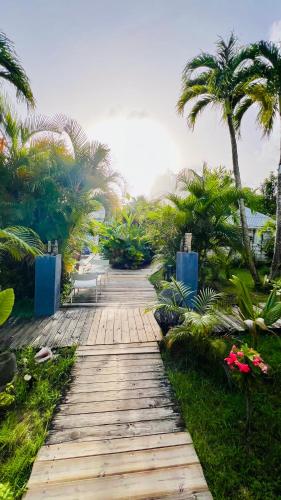 a wooden pathway with palm trees in a park at Île tropical lodges in Sainte-Anne