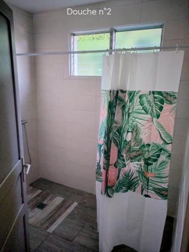 a bathroom with a shower curtain and a window at Haut de villa créole, vue sur mer in Baillif