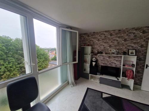 - un salon avec une cheminée et 2 grandes fenêtres dans l'établissement appartement entiere, à Soisy-sous-Montmorency