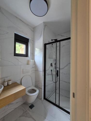 a white bathroom with a shower and a toilet at Faro Home in Rafailovici