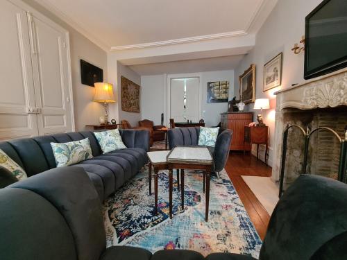 a living room with blue couches and a fireplace at Chambre chaleureuse "Toscane" avec lit 160cm, salle d'eau privative et petit-déjeuner inclus. - FR-1-591-600 in Châteauroux
