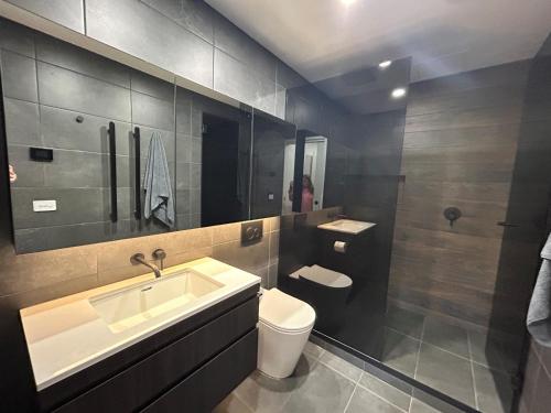 a bathroom with a sink and a toilet at Mt Buller Chalet Hotel & Suites in Mount Buller