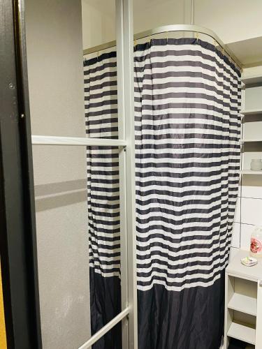 - une salle de bains avec un rideau de douche dans un placard dans l'établissement Comfortable Studio in Clichy, à Clichy