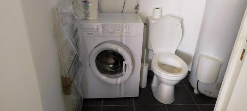 a small bathroom with a washing machine and a toilet at Capstay - Brest - Lambezellec- 7 minutes des plages et du port in Brest