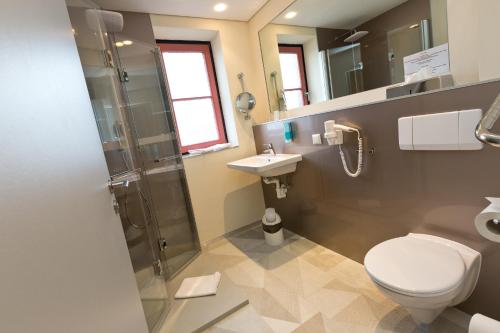 a bathroom with a toilet and a shower and a sink at Hotel ARTE Schwerin in Schwerin