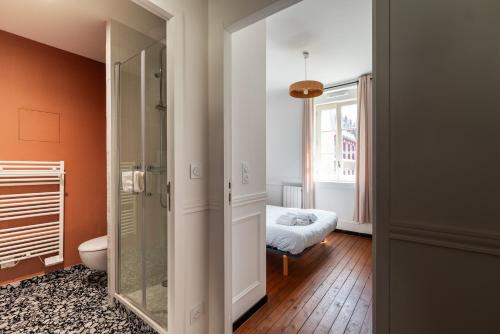 Cette chambre comprend un lit et une salle de bains pourvue d'une douche. dans l'établissement Reims Cathédrale Hyper Centre, à Reims