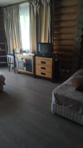 a bedroom with a bed and a television on a dresser at Pastoral wooden hauses in Velikiy Les
