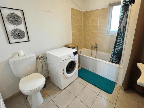 La salle de bains est pourvue de toilettes et d'un lave-linge. dans l'établissement La BénéCIOLA, vue Mer, Box Fibre SFR, High Speed Internet, à Cervione