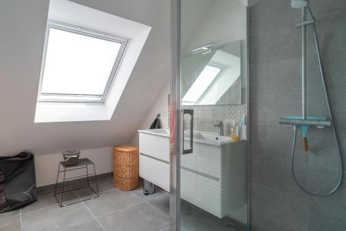 une salle de bain avec douche et lavabo dans l'établissement Ty Penecam - Parking privé à 2km de la plage, au Palais