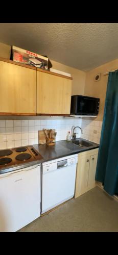 a kitchen with a sink and a stove top oven at Appartement 5 personnes pied des pistes in Les Adrets