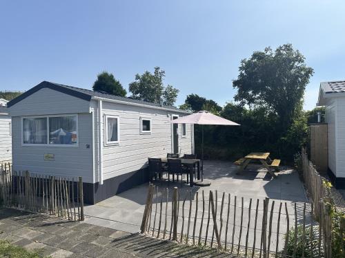 a tiny house with a picnic table and an umbrella at DD 58 - Camping de Duindoorn - AIRCO in IJmuiden