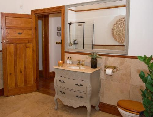 a bathroom with a sink and a mirror and a toilet at Killassy House in Graaff-Reinet