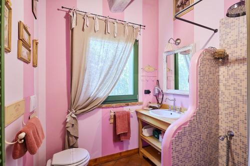 a pink bathroom with a sink and a shower at Il Vecchio Milipano in Montepulciano