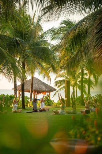 a group of people sitting on the grass under palm trees at Melia Vinpearl Phu Quoc in Phu Quoc