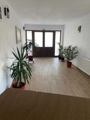 an empty room with potted plants and a door at Pensiunea Maria Agighiol in Agighiol