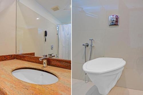 two pictures of a bathroom with a toilet and a sink at Super Capital O Indrapuri Rajadhani in Trivandrum