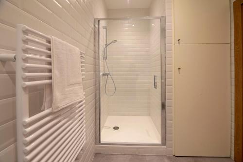 une salle de bain blanche avec une douche avec une porte vitrée dans l'établissement Le Petit Vasselot, à Rennes