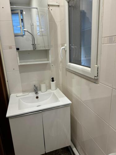 une salle de bain blanche avec un lavabo et un miroir dans l'établissement Appartement haussmanien, à Paris