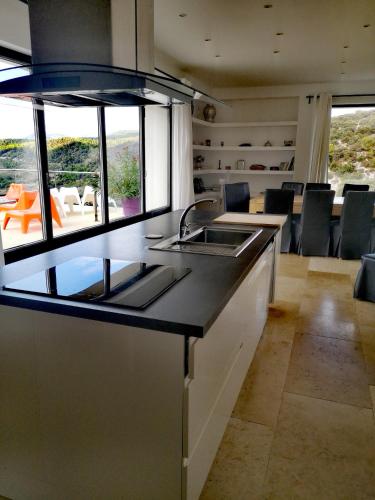 une cuisine avec un évier et un salon dans l'établissement Le riva, à Mollans-sur-Ouvèze