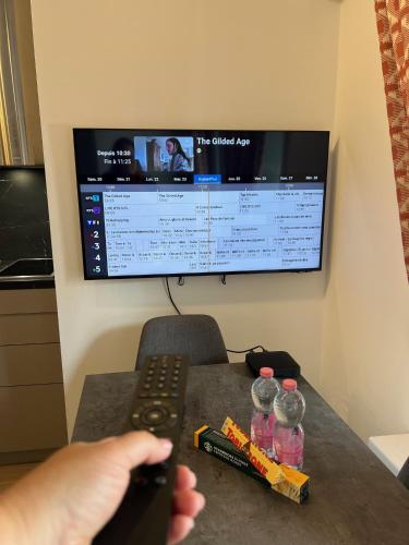a person holding a remote control in front of a tv at La Perle Montana in Crans-Montana