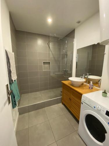 une salle de bain avec douche et lavabo et une machine à laver dans l'établissement Family House - centre gare, à Roanne