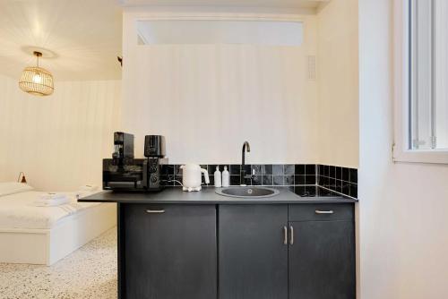 - une cuisine avec des placards noirs et un évier dans l'établissement Cosy Studio - 2P - Place de la Bastille, à Paris