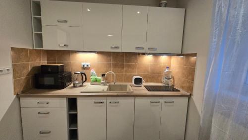 a kitchen with white cabinets and a sink at Mlýnský ostrov Apartment 1 in Beroun
