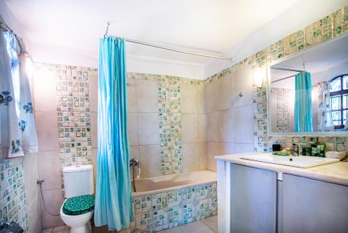 a bathroom with a tub and a toilet and a sink at THOLETO APARTMENTS in Agios Gordios