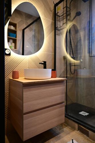 une salle de bain avec un lavabo et une douche dans l'établissement Studio paris Rolland garros parc des princes TM, à Boulogne-Billancourt