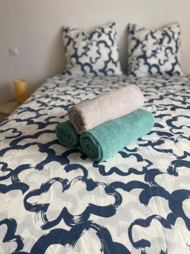 - 2 serviettes assises au-dessus d'un lit dans l'établissement Family House - centre gare, à Roanne