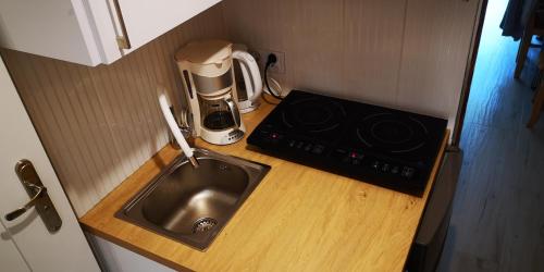 a kitchen counter with a sink and a coffee maker at Extra Apartament Leśny Miodek Sielpia Wielka in Sielpia Wielka