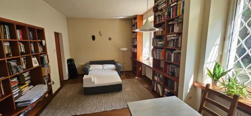 a living room with a couch and bookshelves at Nalewki Studio in the heart of Warsaw in Warsaw