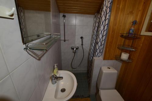 a small bathroom with a toilet and a sink at Pyhtään Vuokramökit in Tuuski