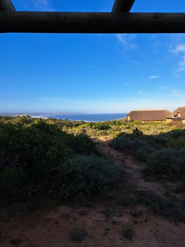 Blick auf ein Feld mit einem Haus und das Meer in der Unterkunft Springerbaai 13 in Mossel Bay