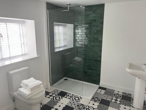 a bathroom with a shower with a toilet and a sink at Magnolia Barn in Upton