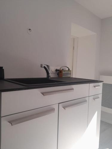 - une cuisine avec un évier et des placards blancs dans l'établissement Baccarat Tout Schuss !, à Baccarat
