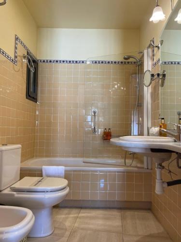 a bathroom with a toilet and a shower and a sink at Hostal de la Plaça - Hotel Boutique in Cabrils