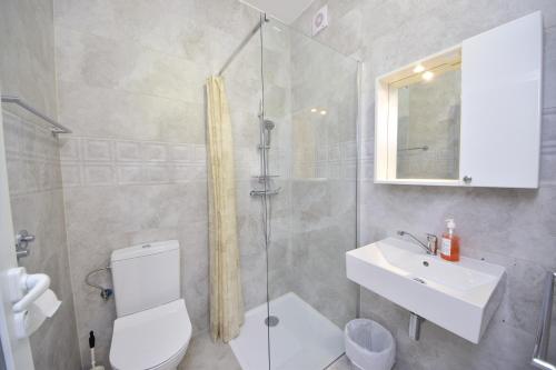 a bathroom with a shower and a toilet and a sink at Holiday Resort Balota in Viganj