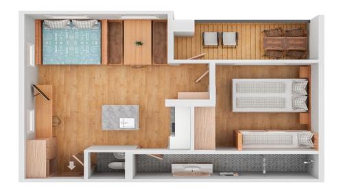 a rendering of a small apartment floor plan at Berghaus Schröcken - Hotel Apartments Spa in Schröcken