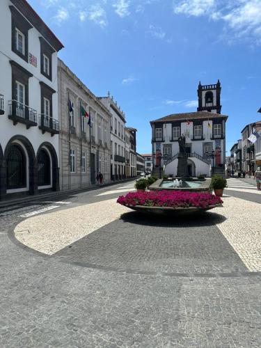 a city street with a fountain in the middle at Azor International Hostel in Ponta Delgada