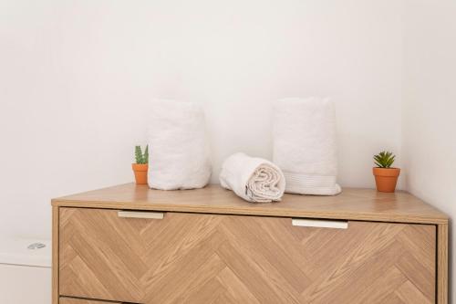 2 serviettes assises au-dessus d'un meuble en bois dans l'établissement Charmant T2, centre ville, lumineux, à Aix-en-Provence