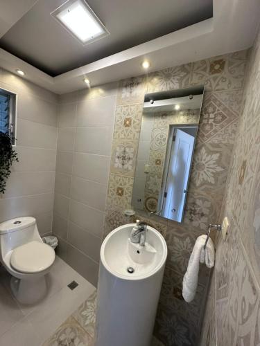 a bathroom with a toilet and a sink and a mirror at El Salí in Juan Pedro