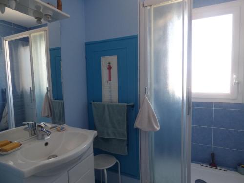 La salle de bains bleue est pourvue d'un lavabo et d'une douche. dans l'établissement Le Grand Foc, à Saint-Gilles-Croix-de-Vie